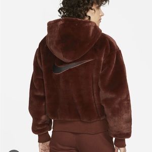 Nike Brown faux fur swoosh oversized jacket sportswear